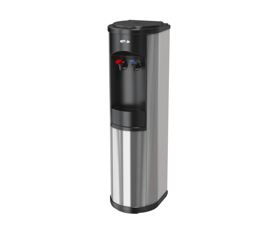 a water filter coolers with steel and black cover, there is two tap in cooler for hot and cold water
